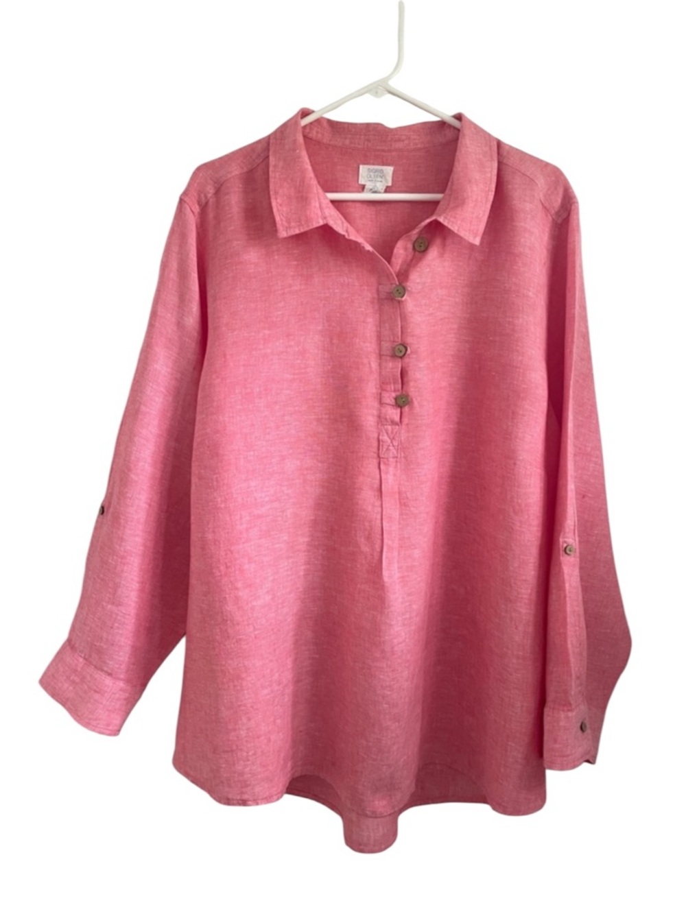 Women's Red/Pink Button-Placket 100% Linen Longsleeve (Tab) Tunic Top 3X